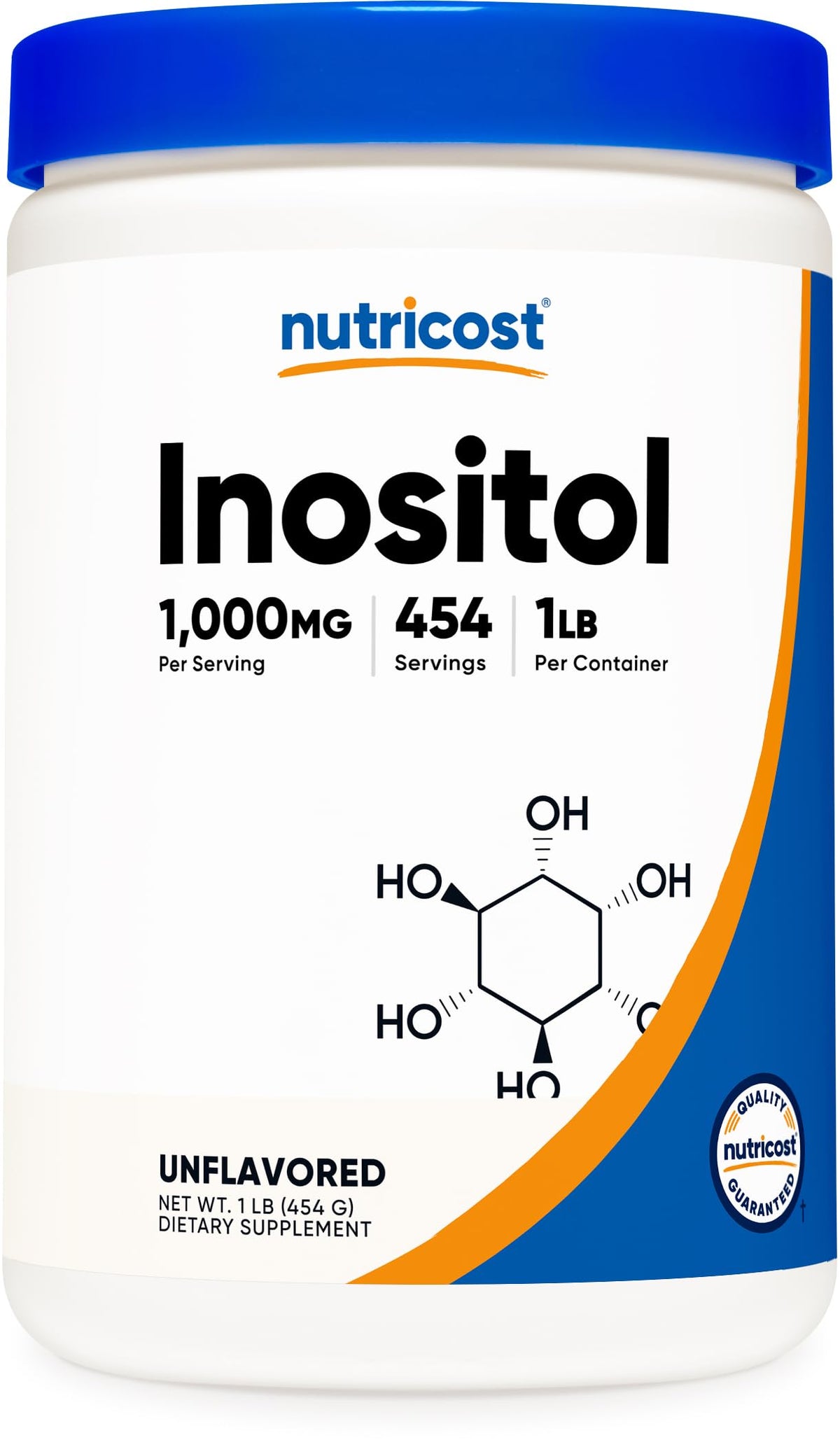 Nutricost envase frontal del polvo de inositol mostrando tamaño claro y beneficio de dosificación
