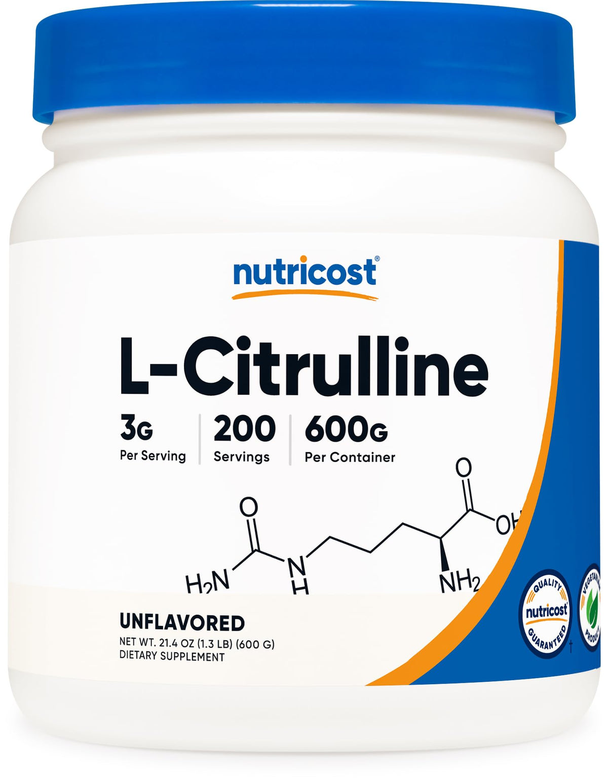 Nutricost bote frente mostrando 600 g y texto claro para dosificación