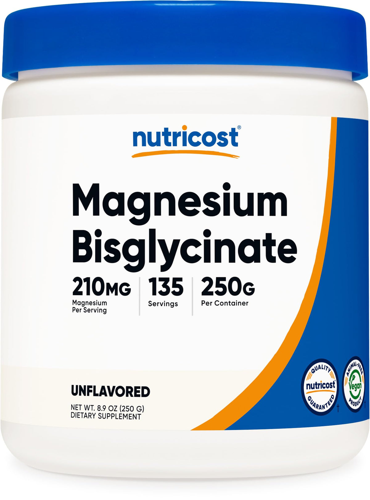 Nutricost envase frontal del Magnesium Bisglycinate Powder mostrando tamaño y beneficio práctico