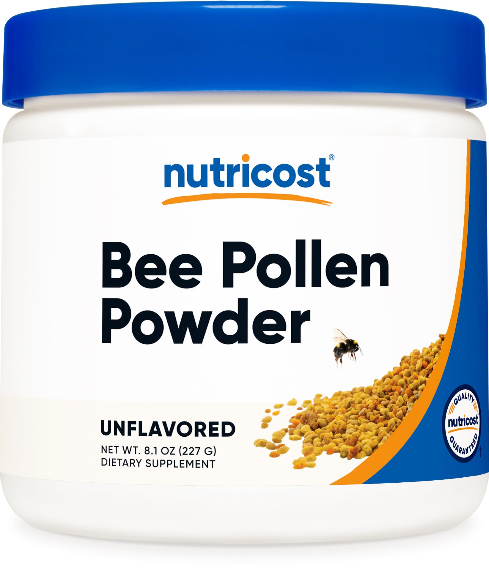 Nutricost frasco frontal del polvo de polen mostrando diseño y tamaño, fácil de almacenar