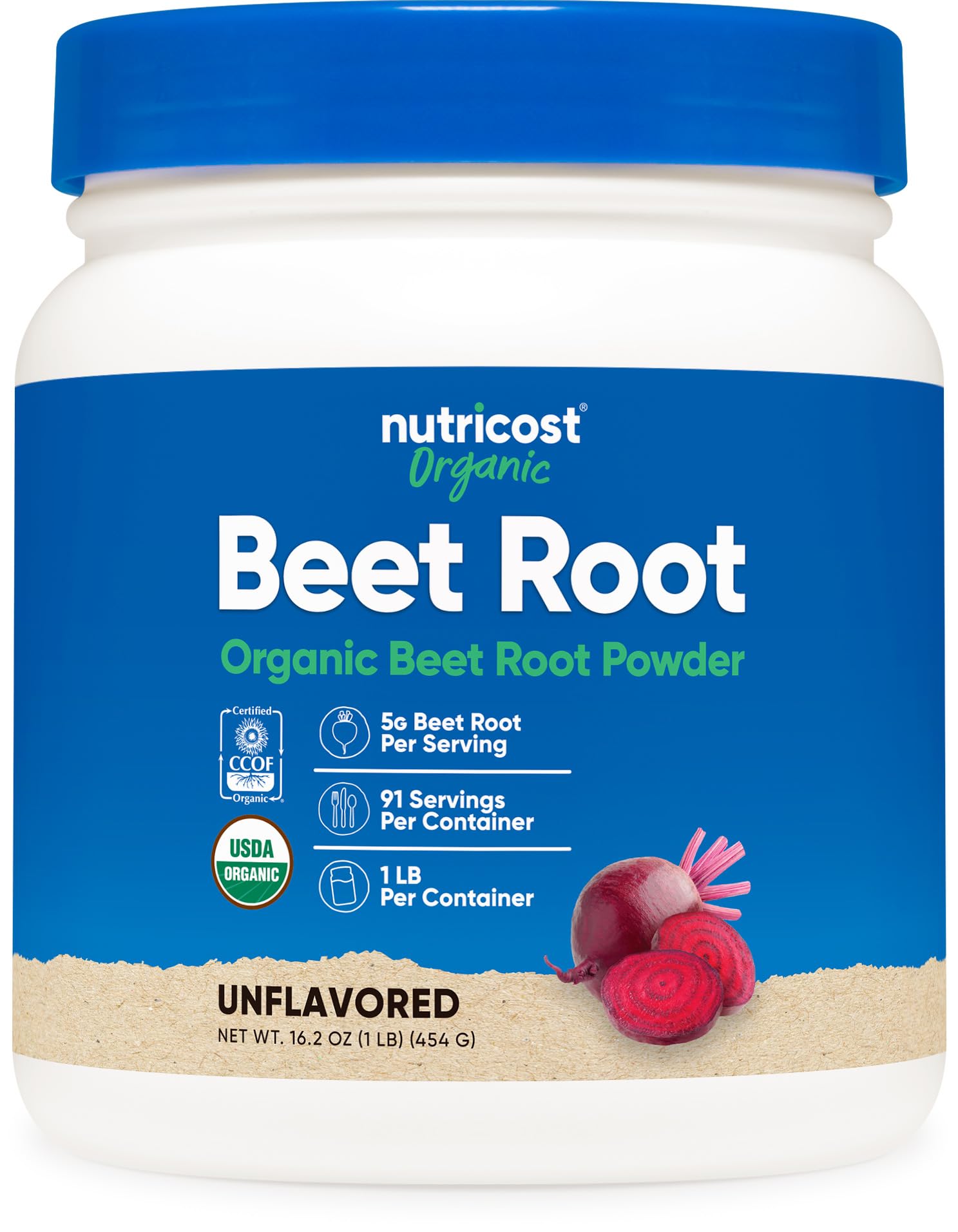 Nutricost envase frontal de polvo de remolacha mostrando tamaño y sello orgánico