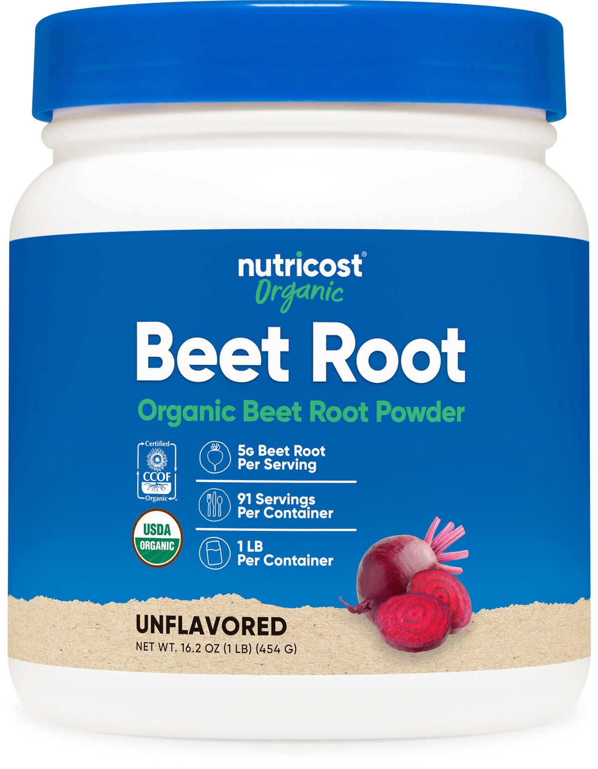 Nutricost envase frontal de polvo de remolacha mostrando tamaño y sello orgánico