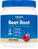 Nutricost envase frontal de polvo de remolacha mostrando tamaño y sello orgánico