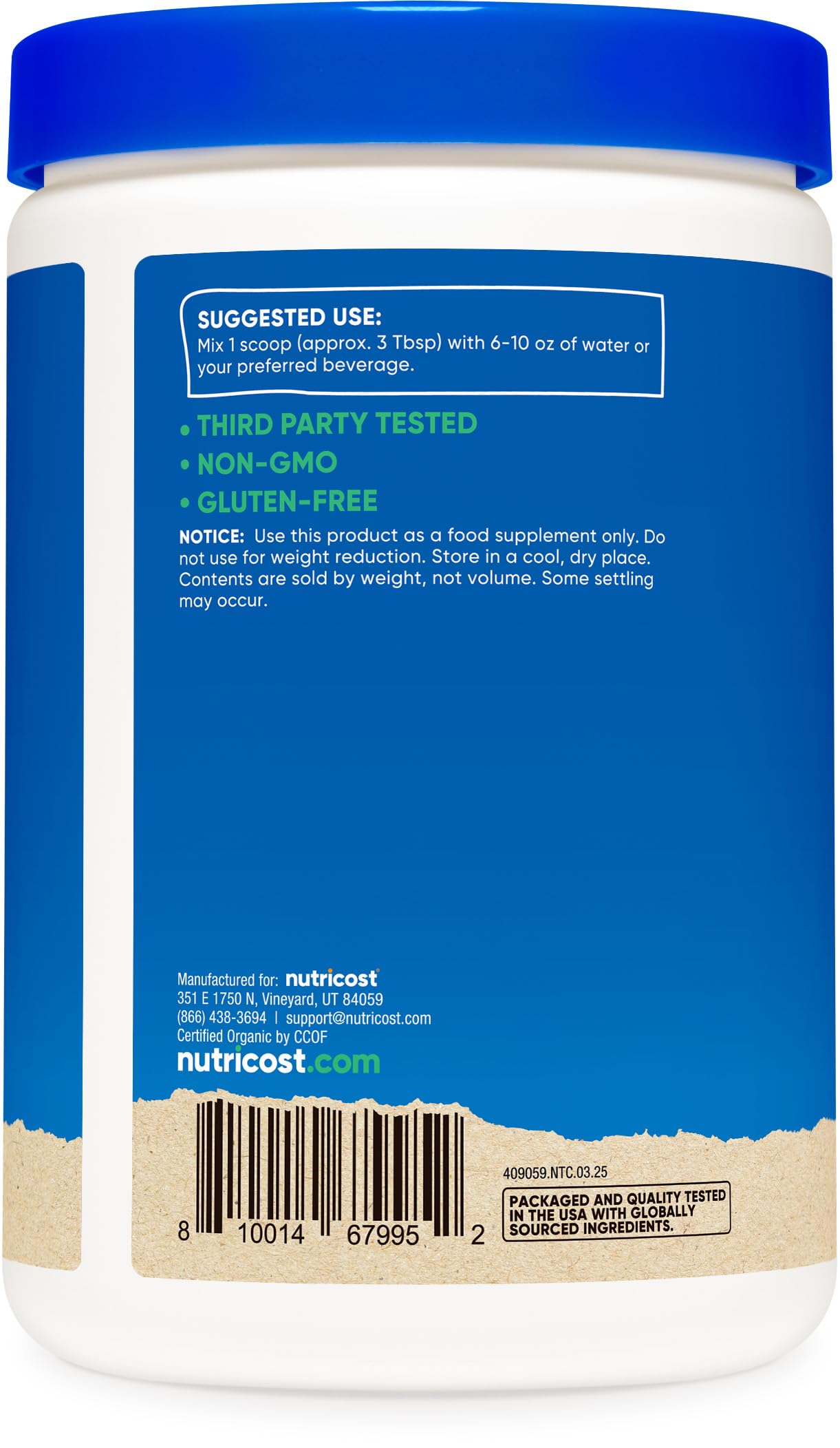 Nutricost cucharada medidora con porción que muestra 15 g de proteína por servicio