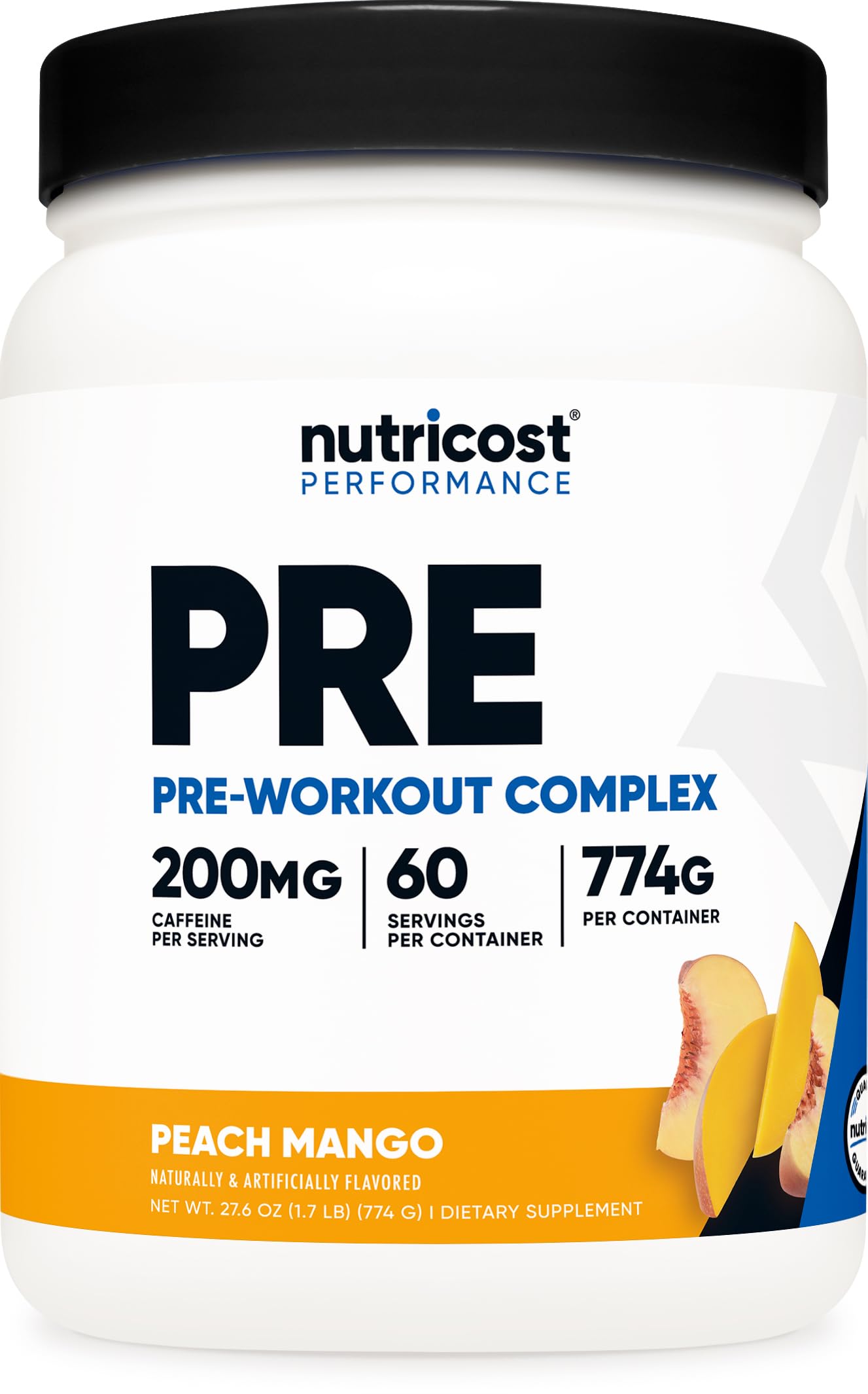 Nutricost frasco frontal sabor durazno mango mostrando envase claro y beneficios
