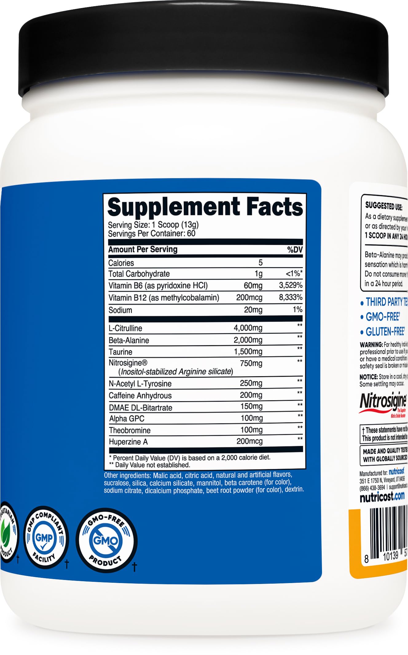 Nutricost etiqueta con lista de ingredientes y pruebas de calidad
