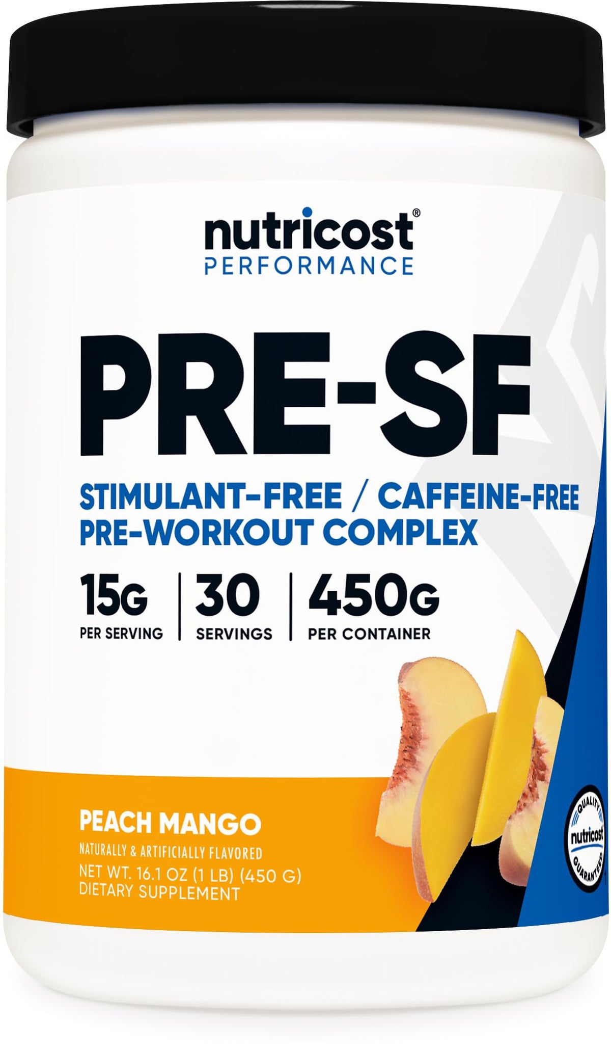 Nutricost frasco frente mostrando sabor durazno mango y beneficio rendimiento