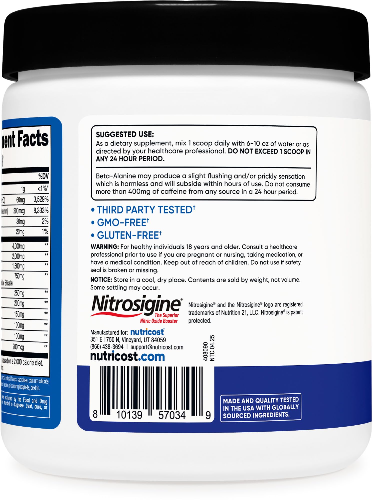 Nutricost envase junto a botella para comparar tamaño práctico