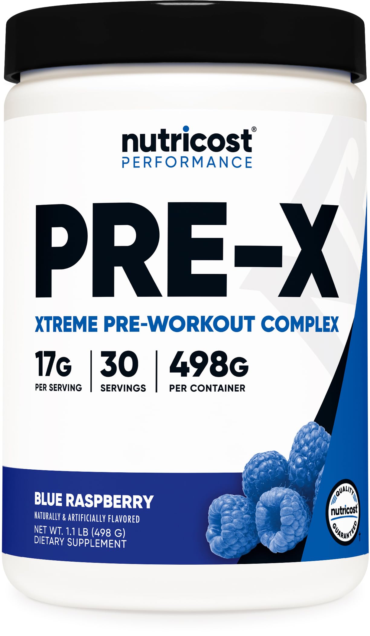 Nutricost envase frontal Blue Raspberry mostrando diseño y dosis claras