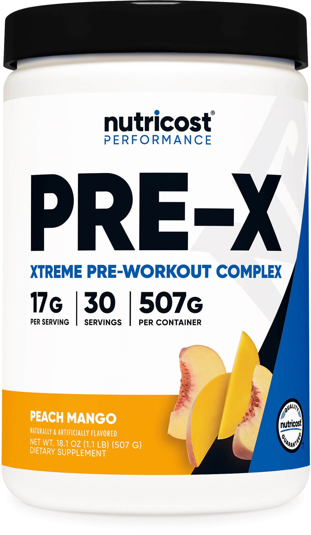 Nutricost envase frontal durazno mango mostrando diseño y beneficio energético