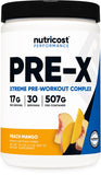 Nutricost envase frontal durazno mango mostrando diseño y beneficio energético