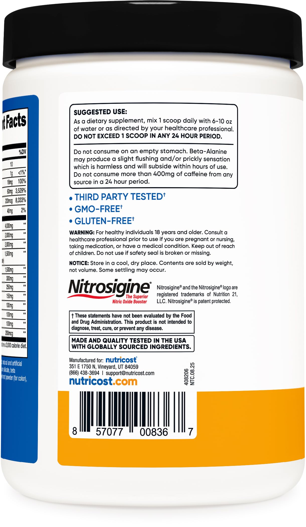 Nutricost cuchara medidora incluida junto al envase señalando dosis precisa