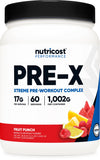 Nutricost frasco Pre-X Fruit Punch al frente mostrando etiqueta y beneficios