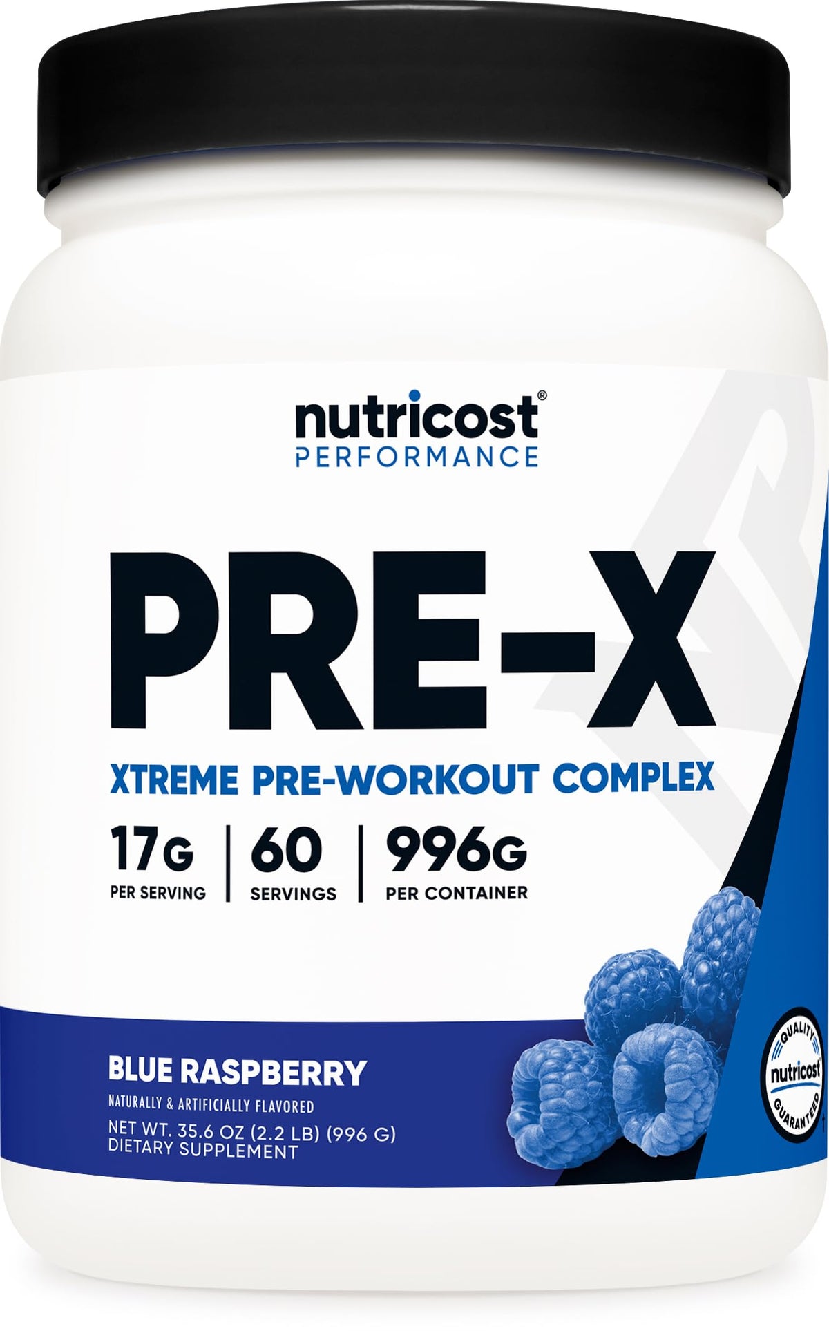 Nutricost envase frontal con sabor blue raspberry, destaca 60 servicios