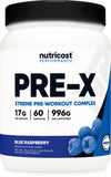 Nutricost envase frontal con sabor blue raspberry, destaca 60 servicios