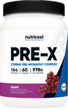 Nutricost Pre-X Xtreme frente del bote mostrando etiqueta y sabor uva