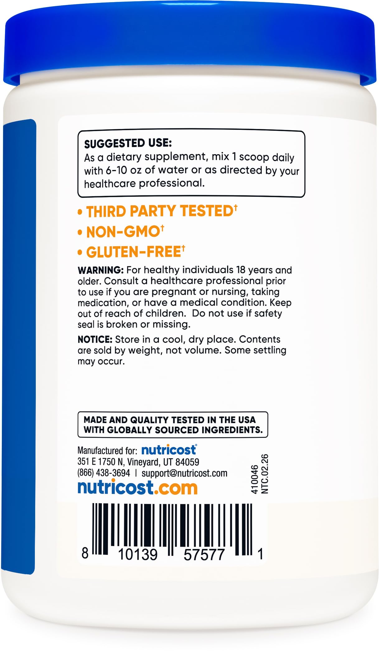 Nutricost etiqueta con certificados GMP y sin gluten, calidad visible