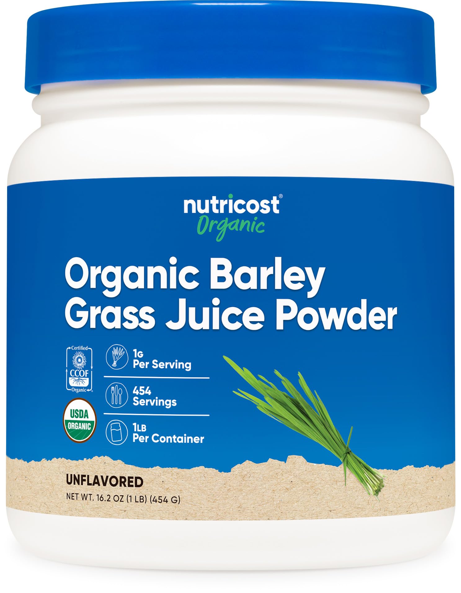 Nutricost frente del envase mostrando 1 lb y sello orgánico, aporta confianza
