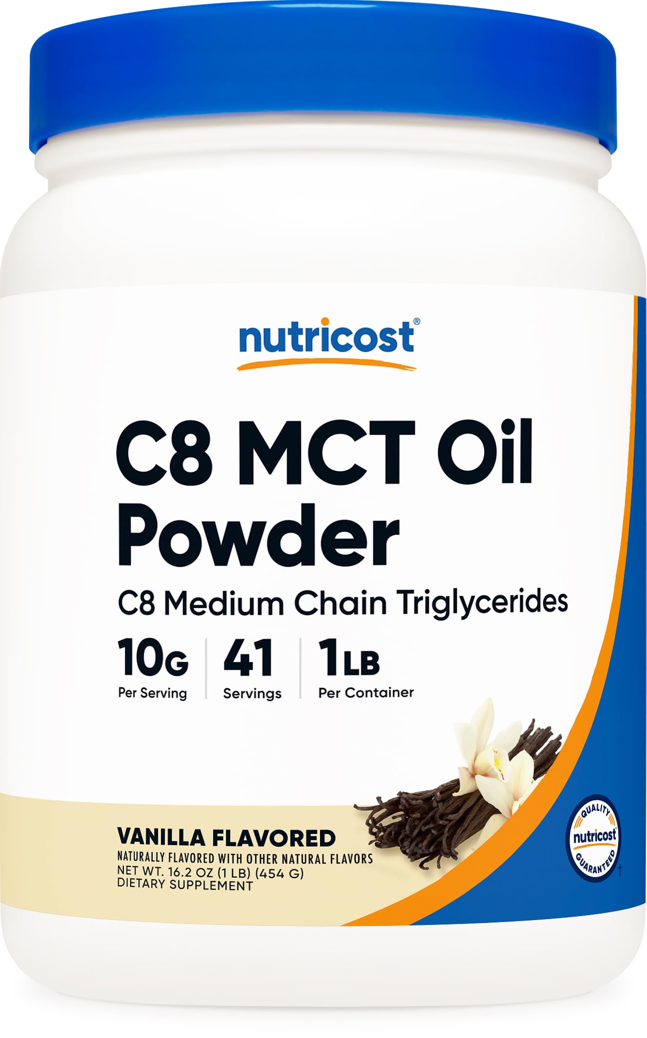 Nutricost presentación frontal del polvo MCT C8 con ventaja práctica