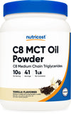 Nutricost presentación frontal del polvo MCT C8 con ventaja práctica