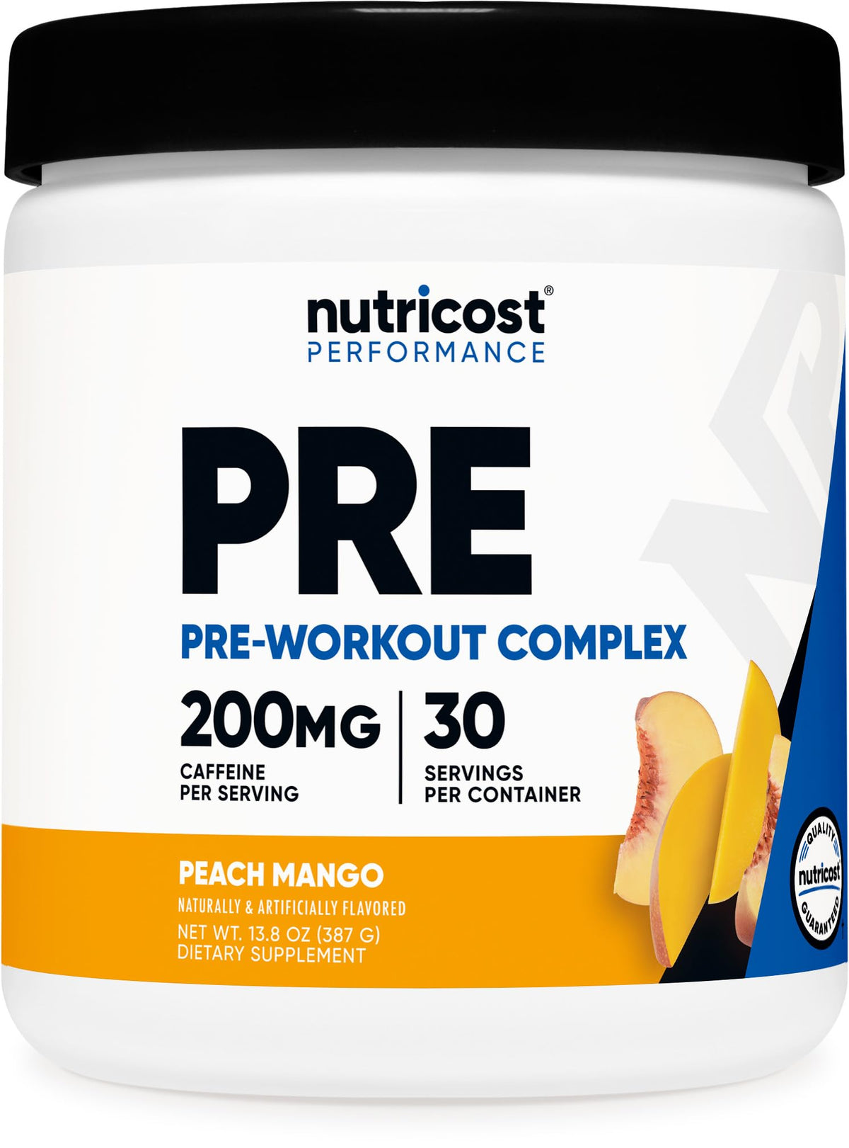 Nutricost bote frontal mostrando etiqueta y sabor durazno mango, beneficios claros