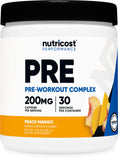 Nutricost bote frontal mostrando etiqueta y sabor durazno mango, beneficios claros