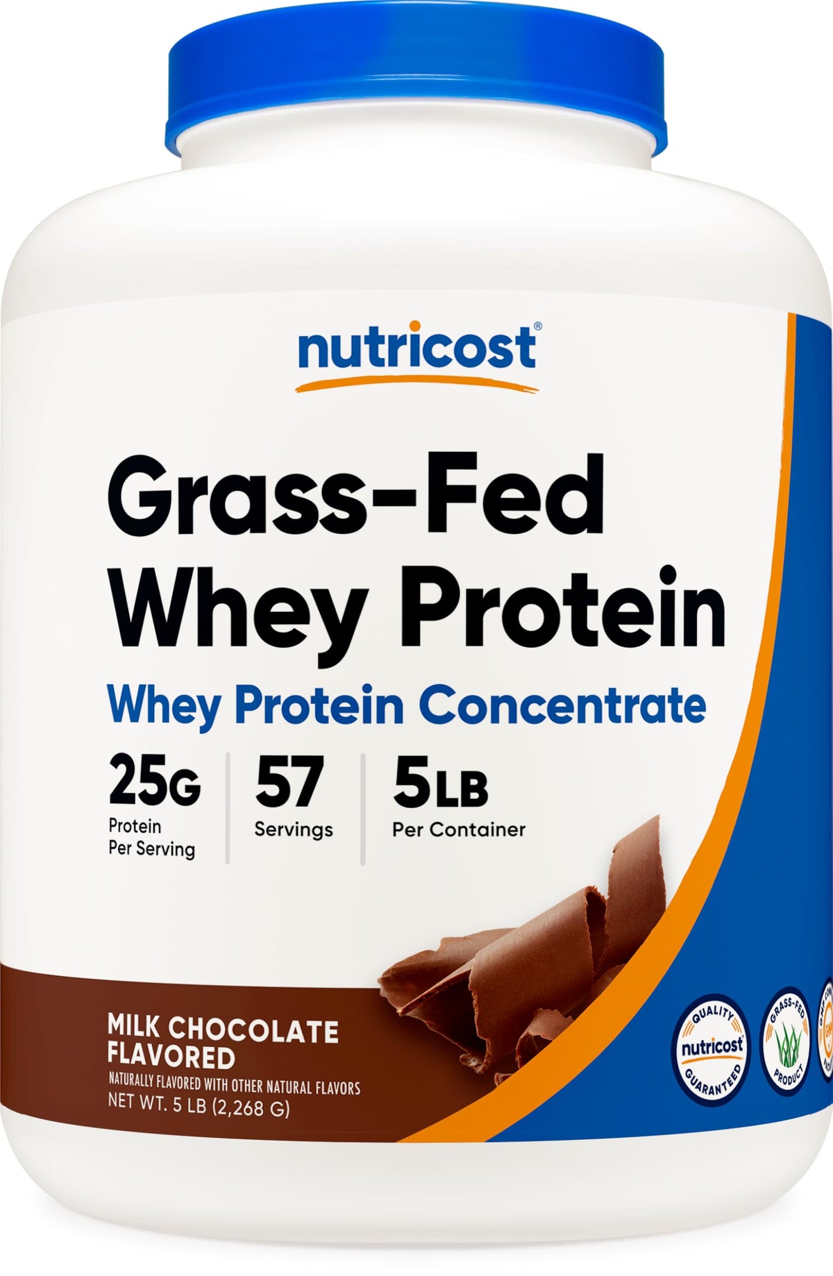 Nutricost envase frontal Chocolate 5 libras mostrando etiqueta y beneficios