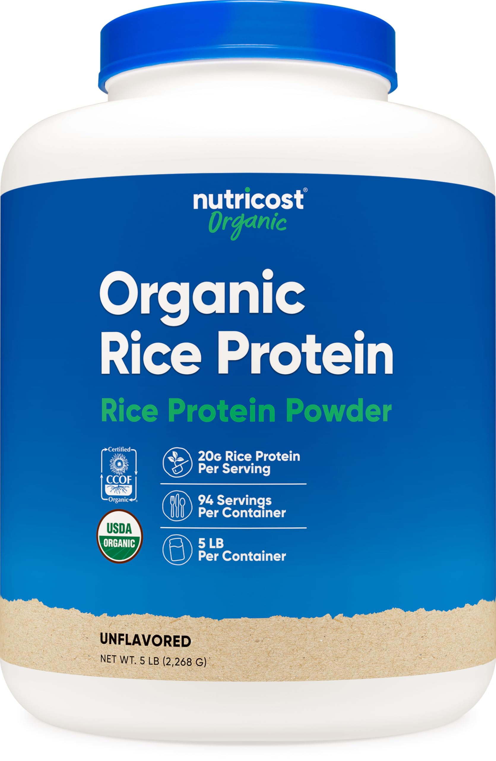 Nutricost envase frontal de proteína de arroz orgánica mostrando tamaño 5 LB y ventaja de rendimiento