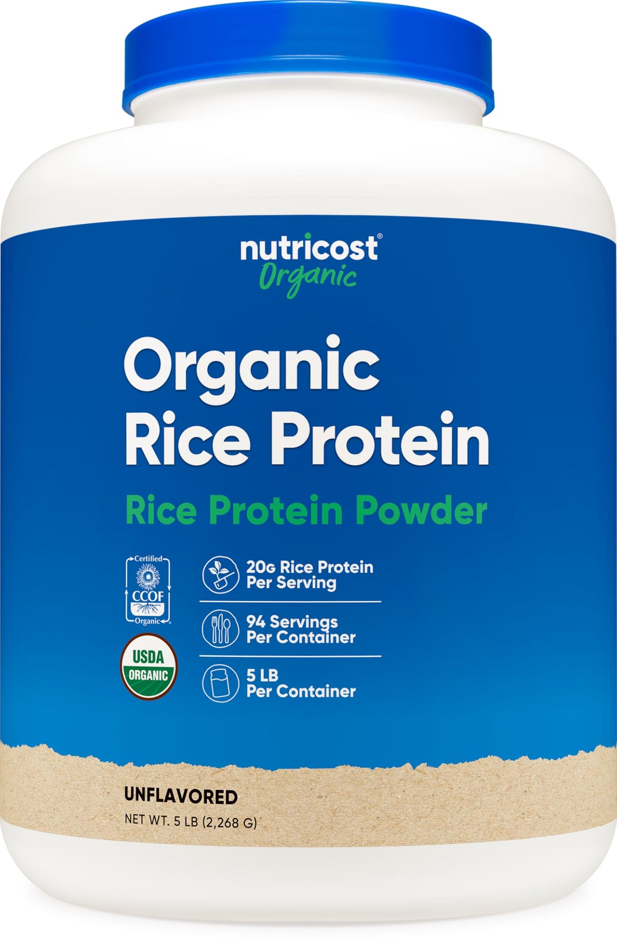 Nutricost envase frontal de proteína de arroz orgánica mostrando tamaño 5 LB y ventaja de rendimiento