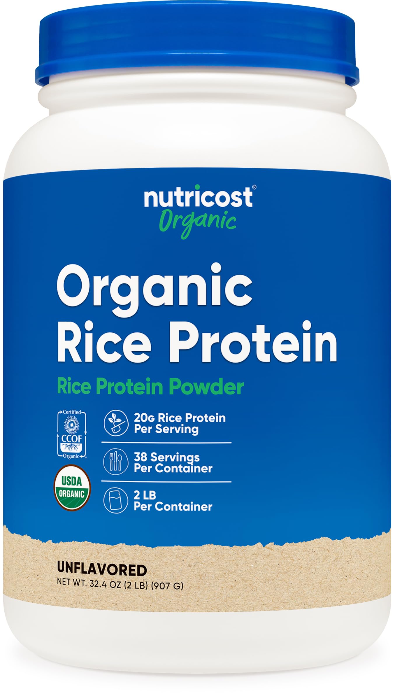 Nutricost envase frontal de proteína de arroz, presentación clara y beneficios