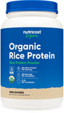 Nutricost envase frontal de proteína de arroz, presentación clara y beneficios