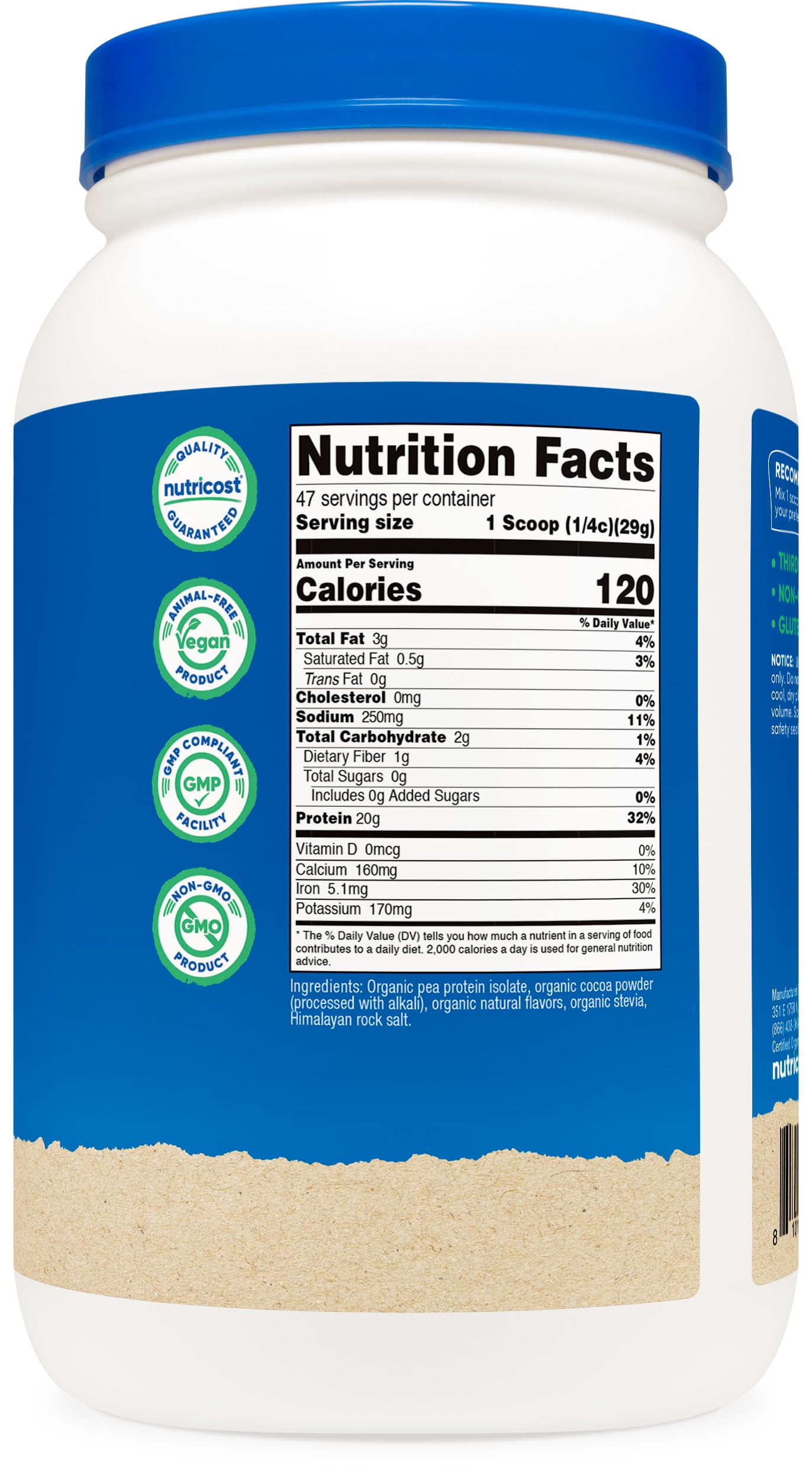 Nutricost etiqueta nutricional visible con certificación y pruebas