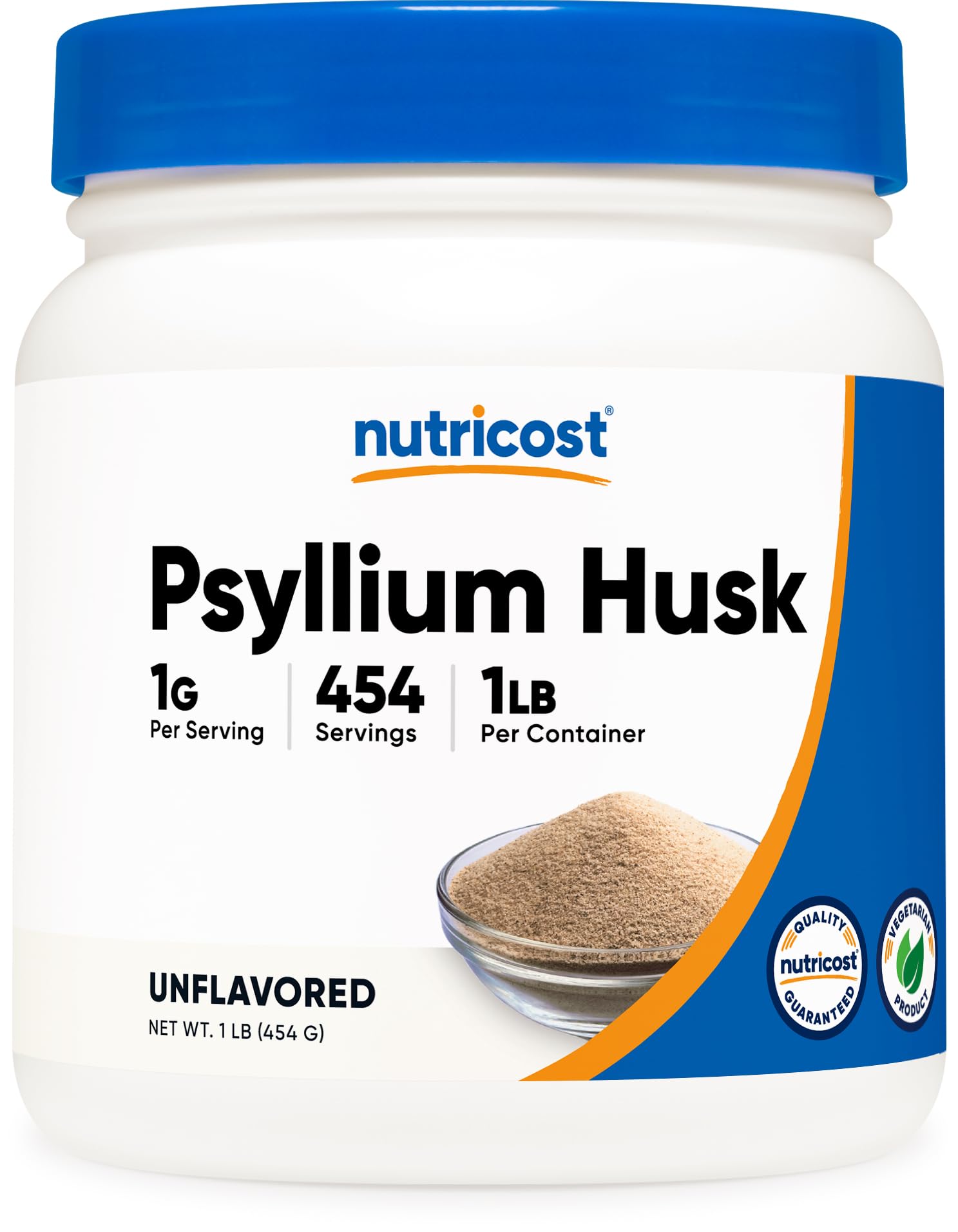 Nutricost psyllium frente del envase mostrando 1 lb y beneficios