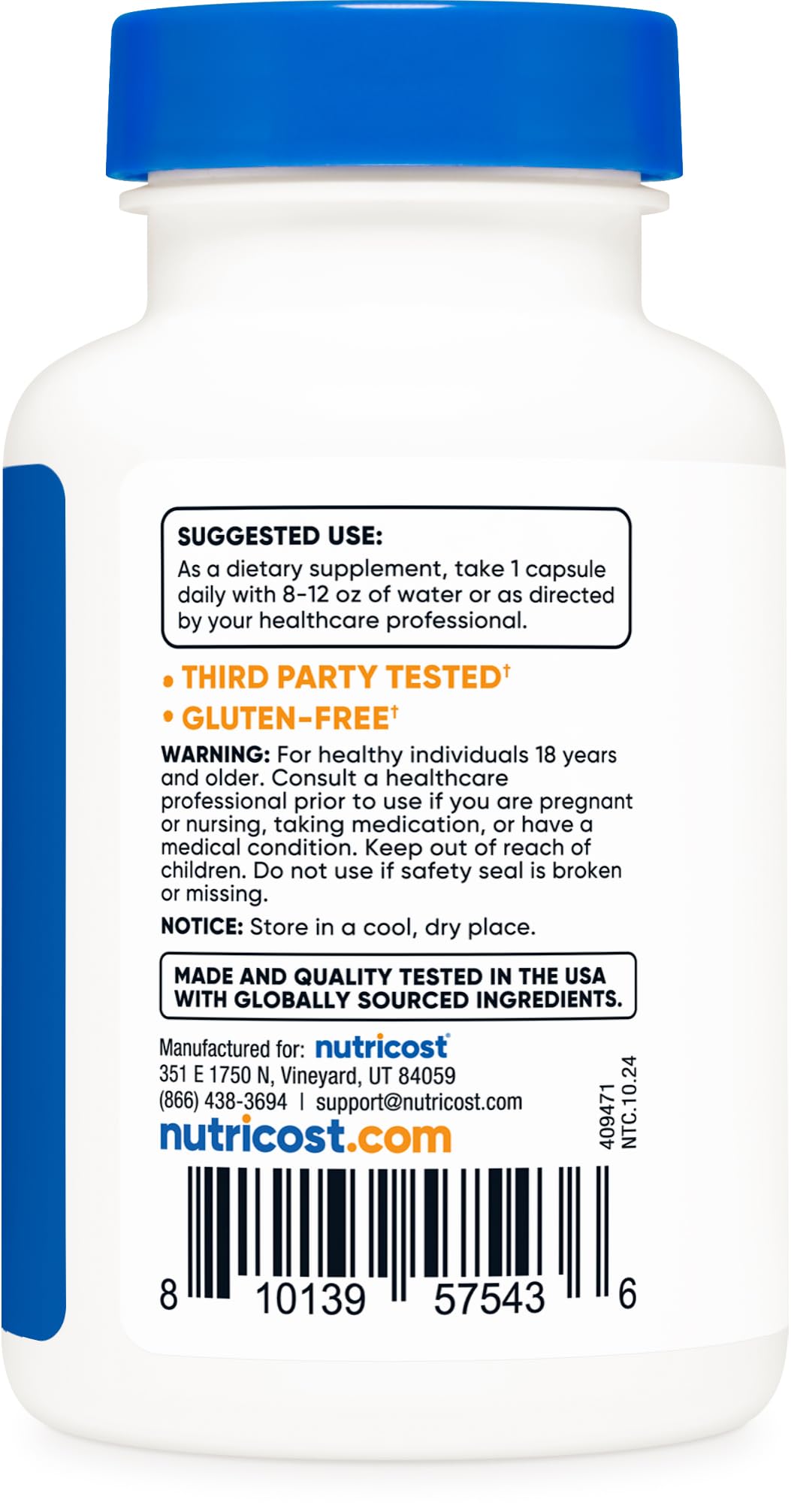 Nutricost etiqueta en detalle con información de 50 mg y certificaciones