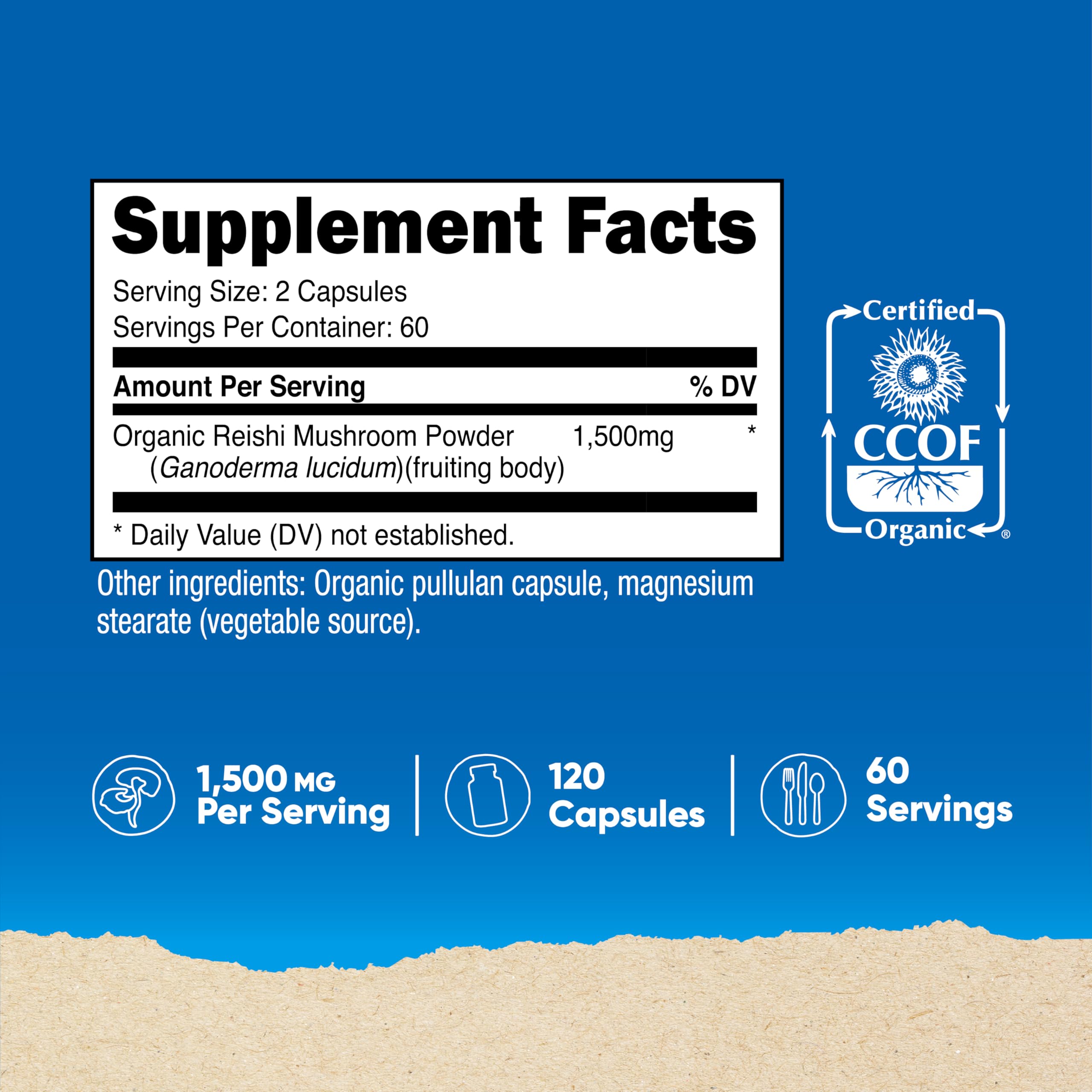 Nutricost etiqueta con sello CCOF destacando reishi orgánico y dosis clara