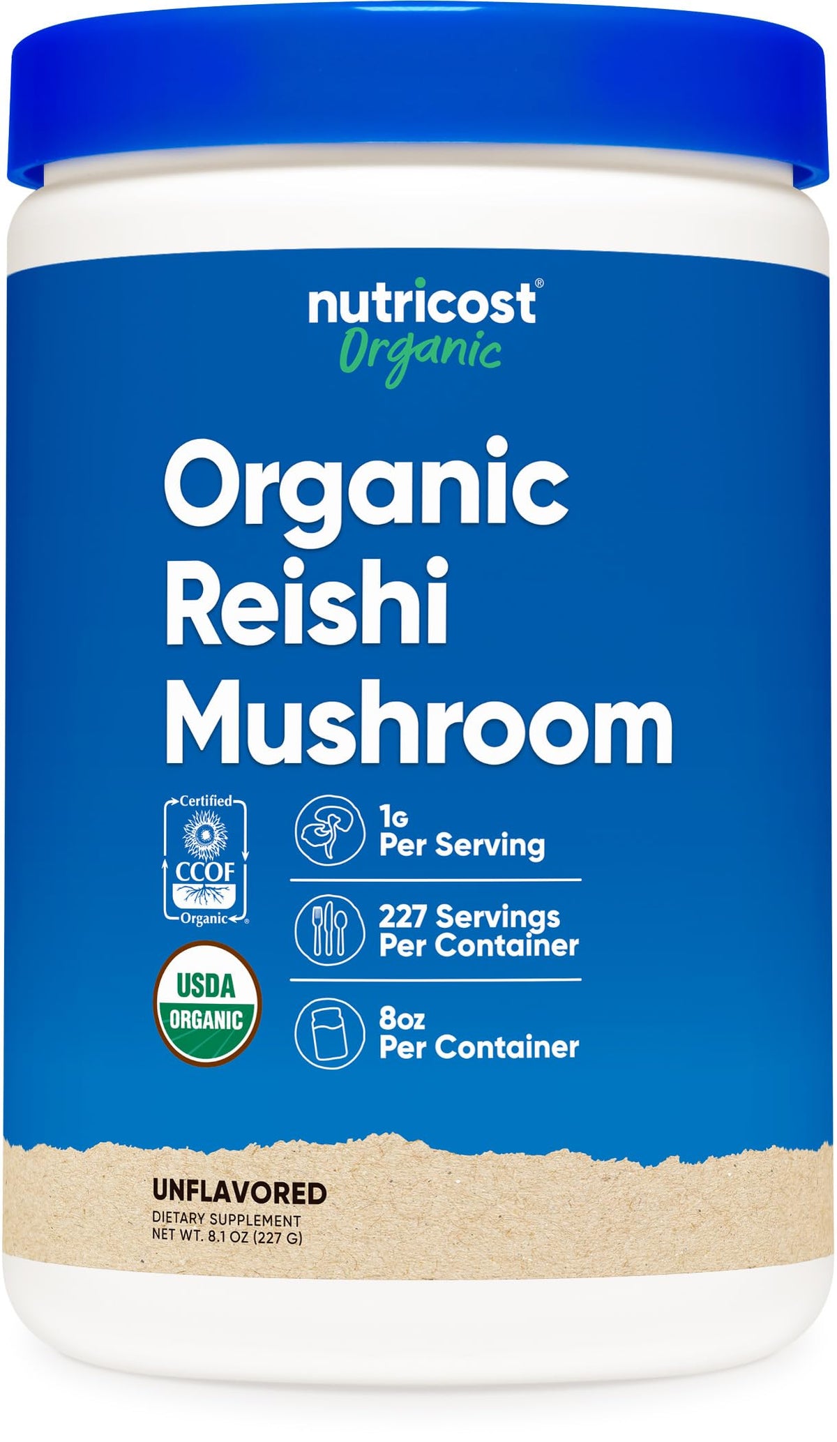 Nutricost reishi frente del envase mostrando etiqueta orgánica y beneficios