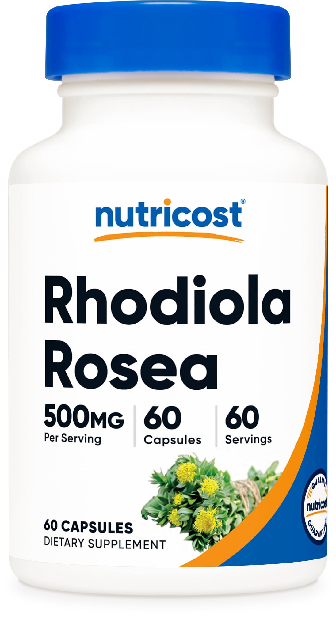 Nutricost envase frontal de Rhodiola Rosea 500 mg mostrando diseño y cantidad