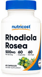 Nutricost envase frontal de Rhodiola Rosea 500 mg mostrando diseño y cantidad