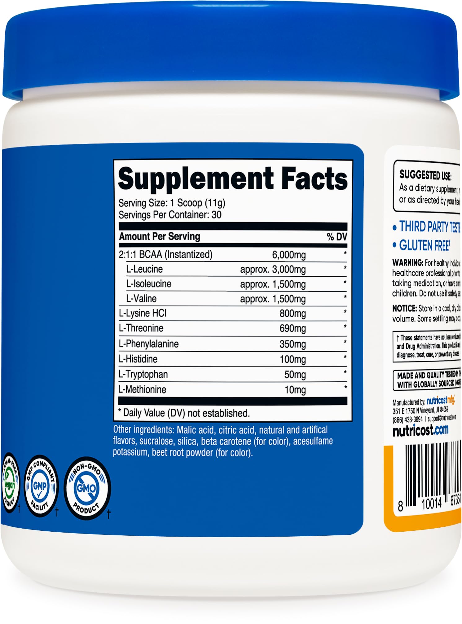 Nutricost etiqueta con ingredientes y certificaciones resaltando control de calidad