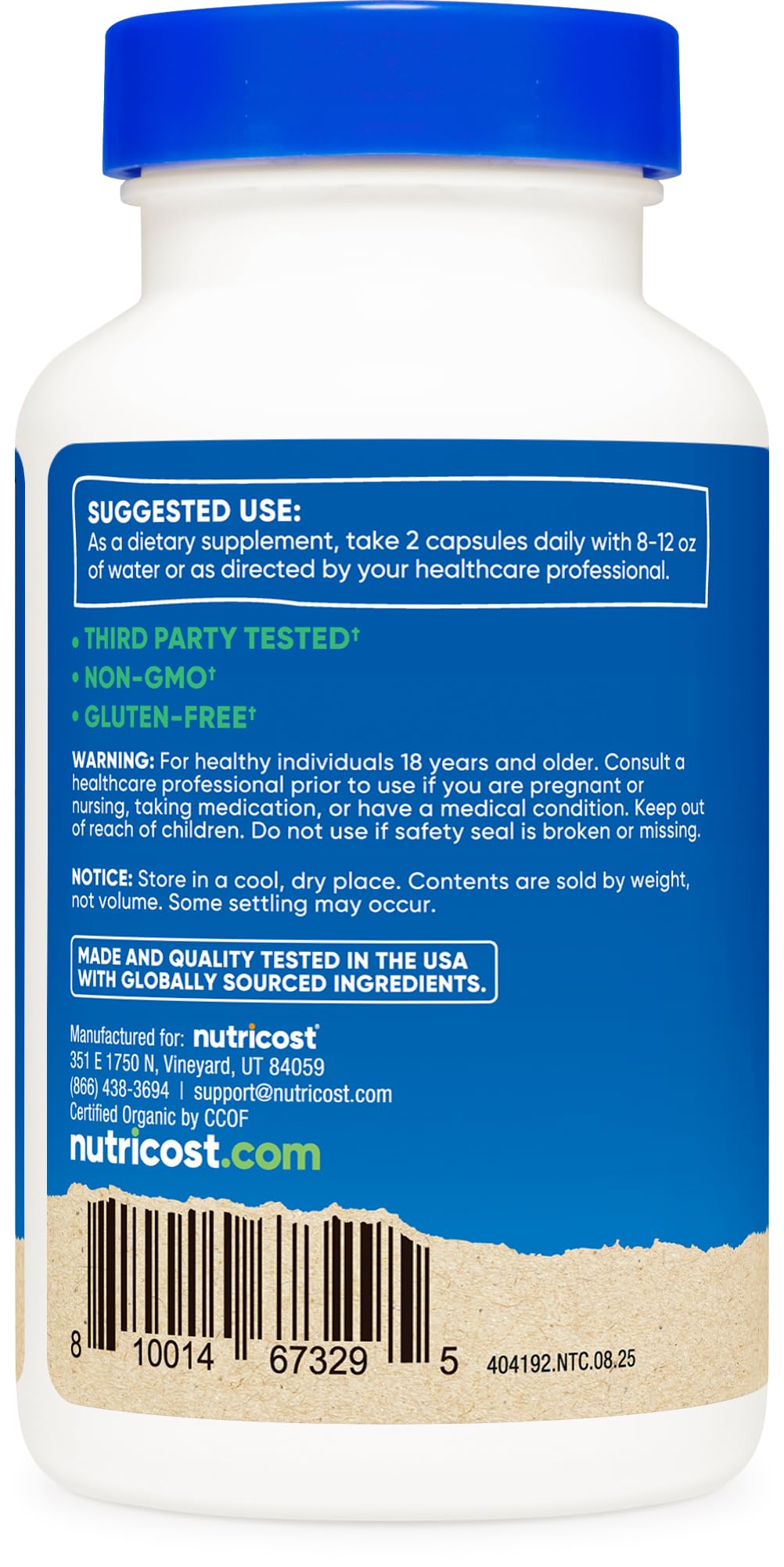 Nutricost Saw Palmetto etiqueta con sellos CCOF, NSF y GMP claros