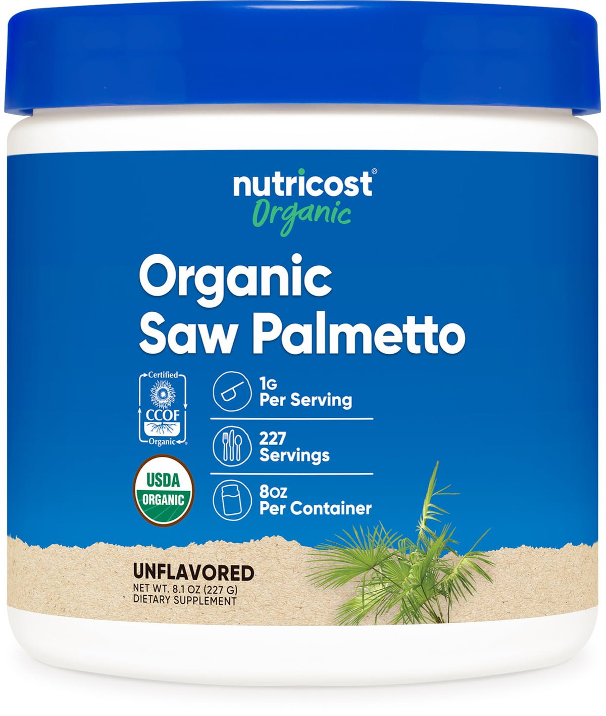 Nutricost envase frontal de Saw Palmetto orgánico mostrando etiqueta y beneficios