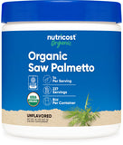 Nutricost envase frontal de Saw Palmetto orgánico mostrando etiqueta y beneficios