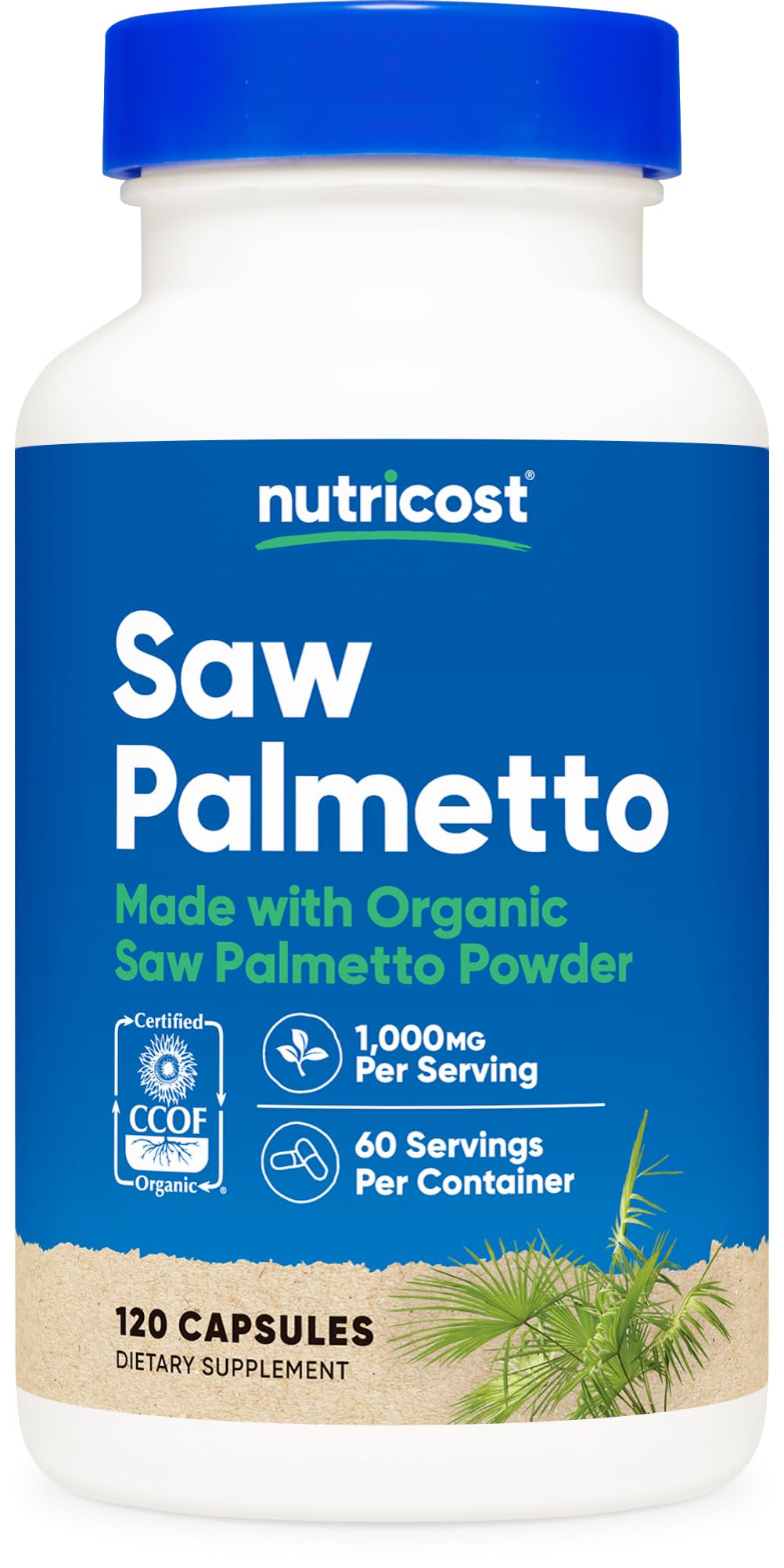 Nutricost Saw Palmetto frasco frontal mostrando contenido y beneficios