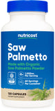 Nutricost Saw Palmetto frasco frontal mostrando contenido y beneficios