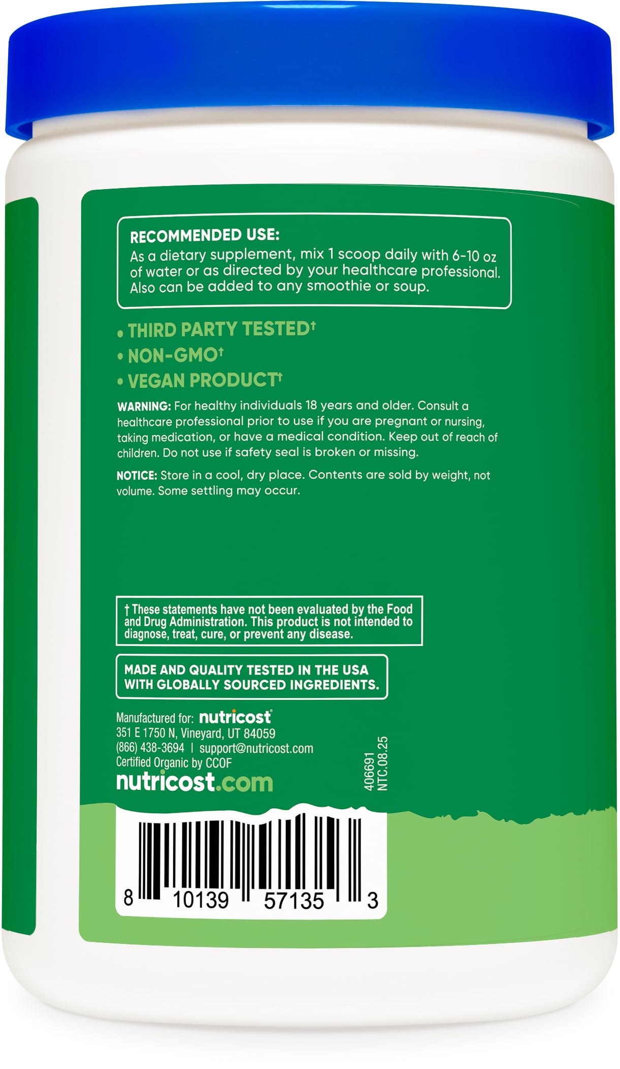 Nutricost sello USDA Organic en el envase confirmando certificación
