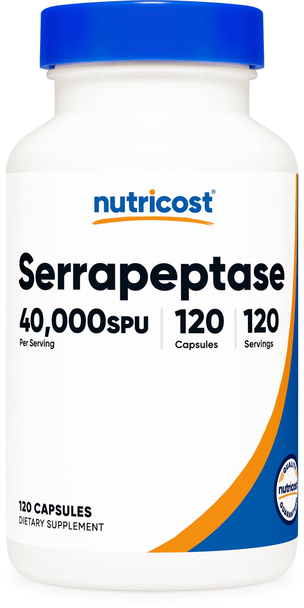 Nutricost serrapeptase frasco delantero mostrando el envase y beneficio de calidad