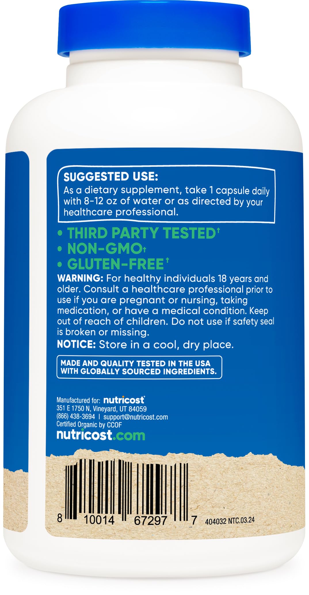 Nutricost etiqueta con sellos CCOF, GMP y sin gluten para confianza del producto