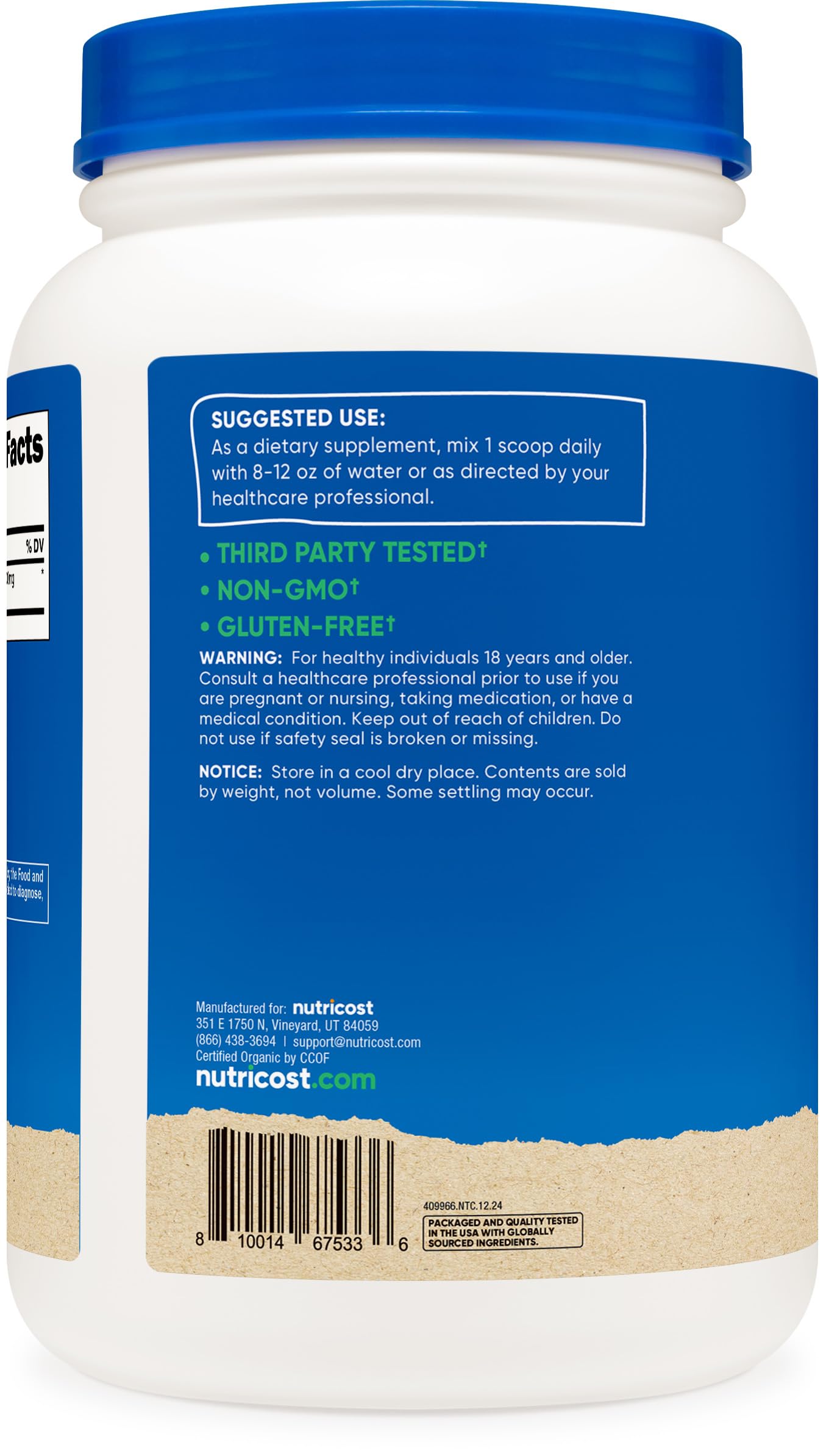 Nutricost spirulina etiqueta con certificaciones orgánicas y sin OGM
