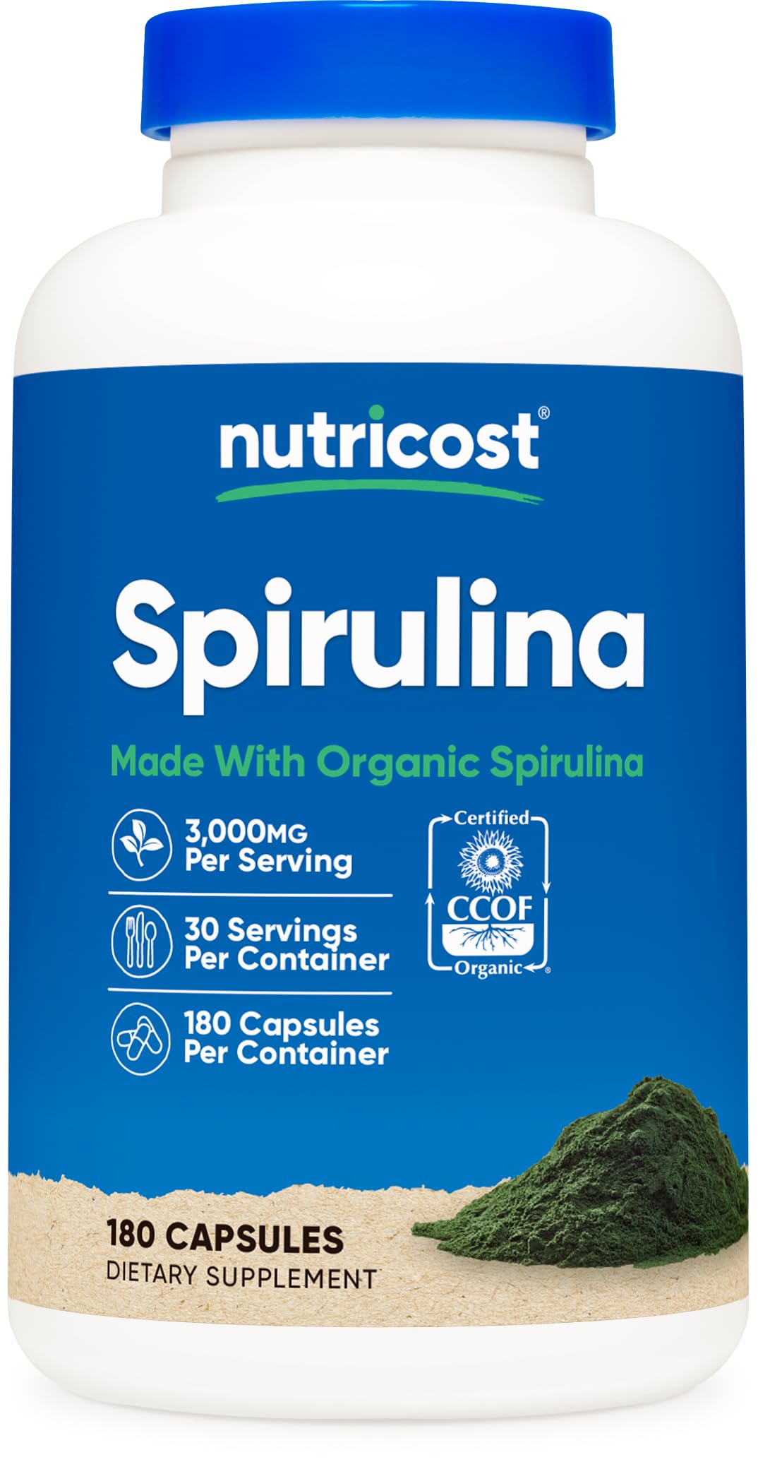 Nutricost spirulina vista frontal del envase con información clara