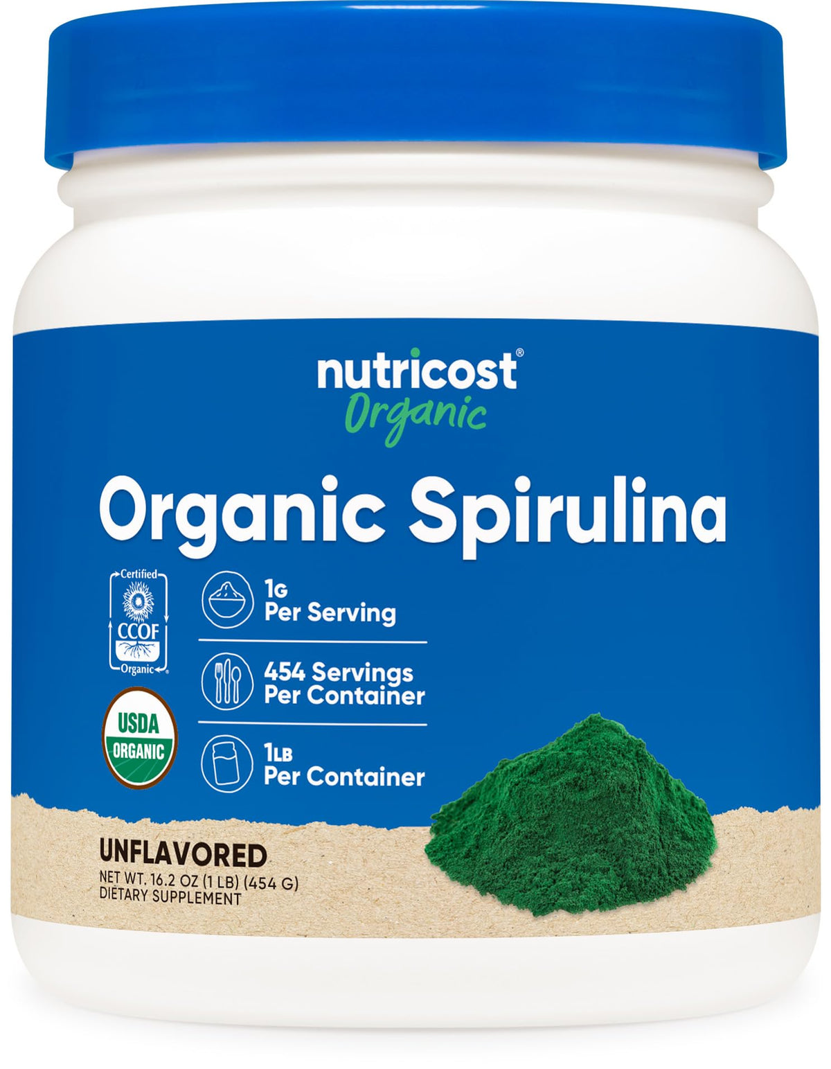 Nutricost envase frontal de spirulina orgánica mostrando cantidad y diseño
